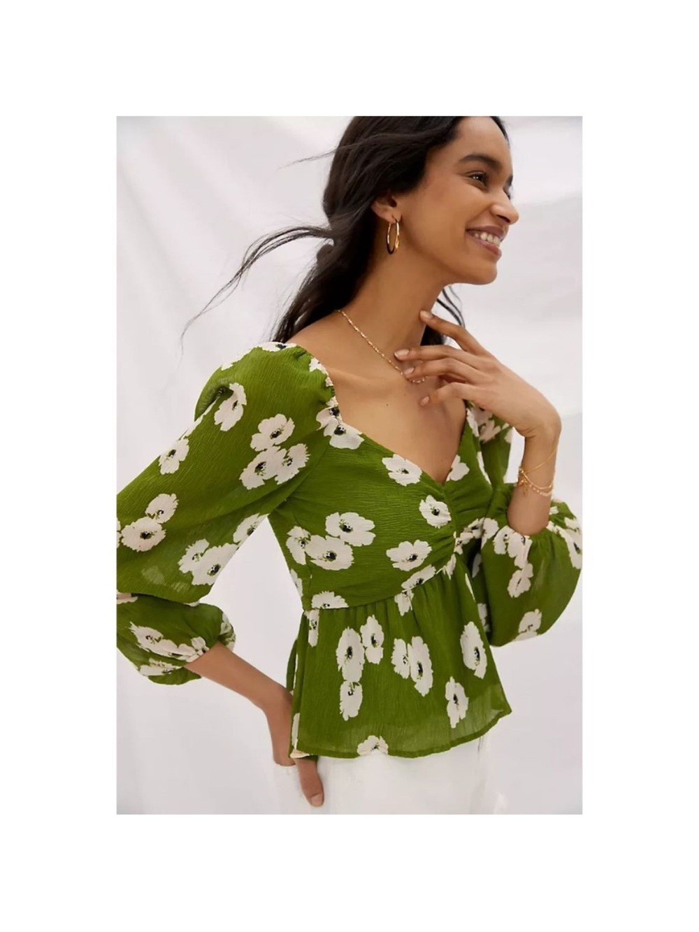 Green Floral Puff-Sleeve Peplum Blouse
